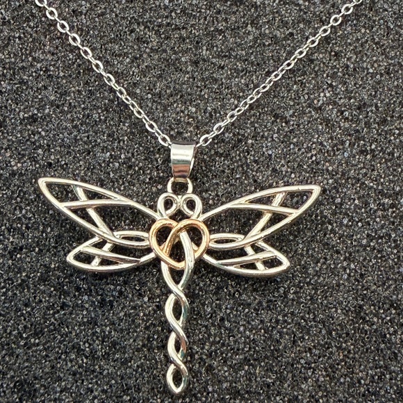 Jewelry - Two-Tone Dragonfly Heart Pendant Necklace — Silver